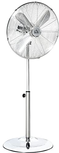 HOMCOM Ventilateur sur pied puissant 50 W, ventilateur réglable en hauteur 87-120 cm, 3 vitesses, oscillation 70° et inclinaison de la tête réglable, argent
