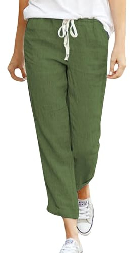 Cegerne Pantaloni Estivi in Lino da Donna 7/8 Pantaloni da Spiaggia Casual in Cotone Leggero, Verde-l, L