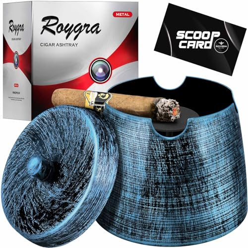 roygra Ash Tray with Lid, Outdoor Cigar Ashtray for Outside Patio, Metal Cigar Ashtrays Outdoors with 4 Holder, Cigars Smoking Accessories, Large Smokeless Home Décor, Ashtrays for Smokers Indoor