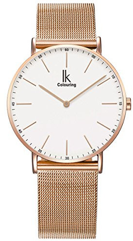 Alienwork IK Orologio Uomo Donna Oro rosa Cinturino in Maglia Metallo Bianco Ultra-sottile