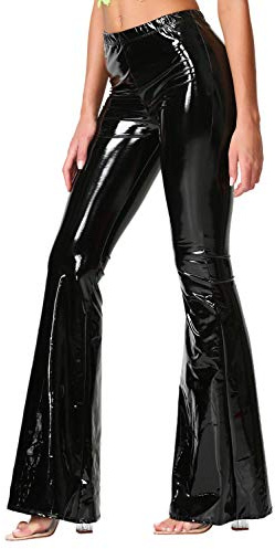 J2 Love Women’s Faux Leather Flare Pants, High Waist Stretch Bell Bottom Pull-On Trousers, Small, Patent Black