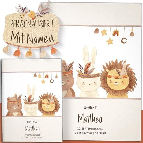 OLGS U-Heft und Impfpasshüllen Set 3-teilig Indianer Freunde Trio | Untersuchungsheft Hülle & Impfpasshülle, Schutzhüllen, Babygeschenk zur Geburt mit Namen - Impfpass, Uhefthülle personalisiert