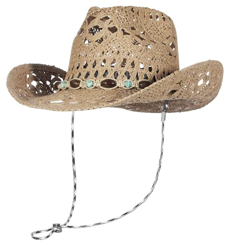 EOZY Men & Women's Summer Cowboy Cowgirl Straw Hat Hollow Out Style Roll Up Brim Beach Sun Hat for Ladies Brown Stone Band