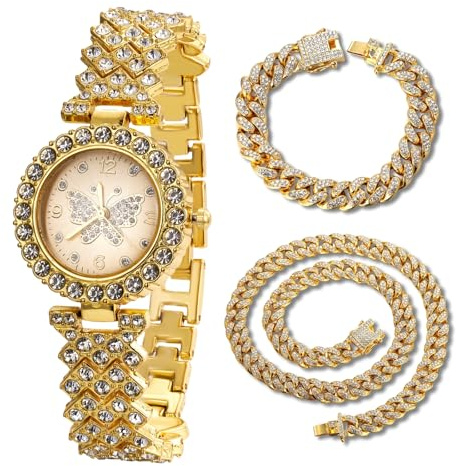 Halukakah diamanter klocka isad för flicka tonåringar barn – 18 k äkta guld/platinapläterad, 29 mm fjärilsmönstrad urtavla, japansk kvarts – 19,5 cm längd – valfritt med kubansk länkkedja – för