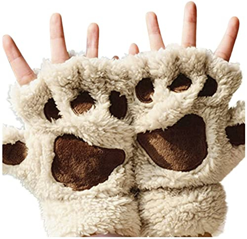 BUDAOWENG Kvinnors fleecehandskar kattklor handskar katt tass vantar fuskpäls vantar vinter varma halvfinger handskar söta katttass cosplay varma tecknade handskar