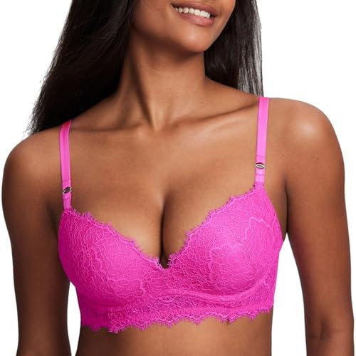 DOBREVA Soutien Gorge Push up Rembourré sans Armature Sexy Maintien avec Dentelle de Cils Fuchsia Brillante 90A