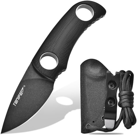 TONIFE Fast bladkniv 4,7 cm, minihalskniv med Kydex-fodral och snodd, bärbar EDC fast kniv för överlevnad utomhus (svart oxid och sedan stenvägar)