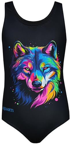 Aquarti Badeanzug Mädchen – Sportlicher Mädchen Badeanzug mit Ringerrücken Print, Farbe: Wolf/Schwarz, Größe: 170
