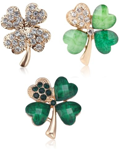 3 Broches de Trébol de Cuatro Hojas, Broche de Diamantes de Imitación Verde, Clip de Bufanda de Aleación de Cristal, para Mujeres y Niñas