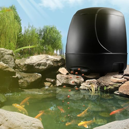 AMZTEMU 10L Pond Feeder, Fish Feeder, Distributeur Nourriture Poisson Bassin Exterieur -alimenté par Batterie