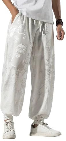 Chinese Hanfu Casual Practice Kung Fu Pants Men's Jogging Pants Chinese Traditional Dragon Pattern Clothing White XXL