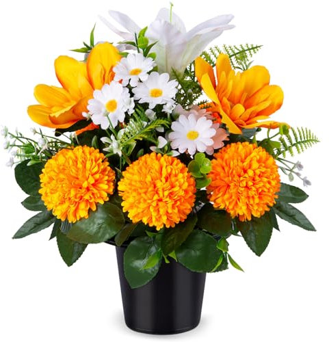 SIFOEL Artificial Cemetery Flowers in Pots, Artificial Chrysanthemums Lily Daisy with Pot, Memorial Grave Flowers for Cemetery Funeral Outdoor Graveside Decoration (1piece, White&Orange)