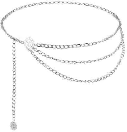 Multilayer Metal Waist Chain Belt for Women, Adjustable Silver Belts for Woman Body Belly Chain for Women Fashion Dress Jeans Trousers Western Accessories for Female Gift for Friends Lover (Silver)