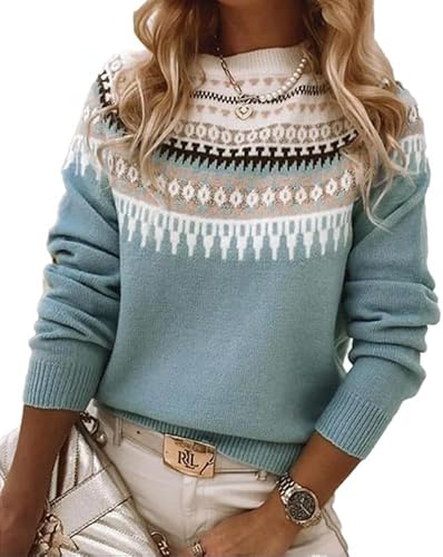 Women's Fair Isle Sweater Casual Vintage Crew Neck Knitted Sweater Cute Graphic Fall Fashion Pullover Jumper Tops Blue