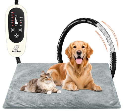 Asstikoo Tappetino Riscaldante per Cani Gatti, Tappeto Riscaldante per Animali Domestici con 4 Timer& 6 Livelli Temperatura 30-55℃, Coperta Termica Gatto Cani Anti-Morso Impermeabile (L - 70X45cm)