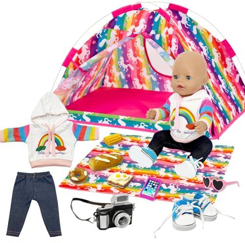 12 Pcs Baby Dolls Camping Tent Set for 14-18 Inch/ 35-45 cm Baby Doll, Including Doll Camping Tent Doll Cothes Hose Shoes Picknickdecke Brille Kamera Mobiltelefon Brot Mais Donuts Toast