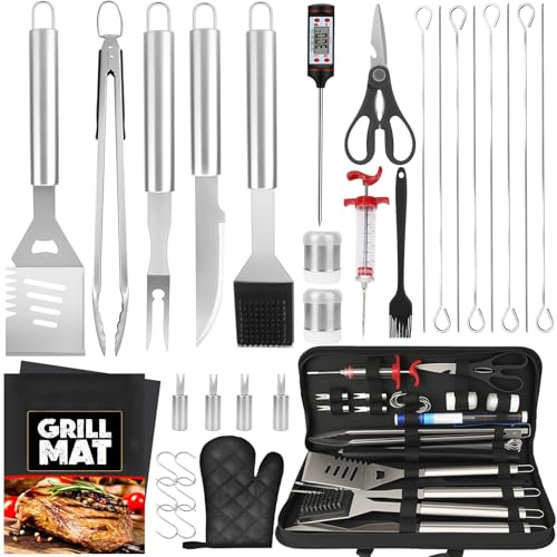 Juego de 32 Piezas Set Accesorios Barbacoa, Acero Inoxidable Kit Utensilios Barbacoa para Asar al Aire Libre con Bolsa, Cuchillo, Termómetro y Jeringa para Carne, Regalo para Hombre, Padre, Cumpleaños