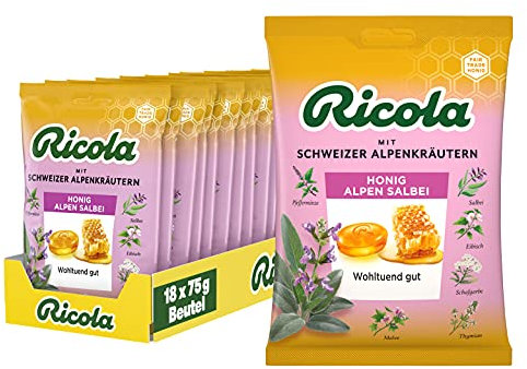 Ricola Honig Alpen Salbei, 18 Beutel original Schweizer Kräuter-Bonbons mit 13 Schweizer Alpenkräutern, wohltuender Genuss, 18 x 75g