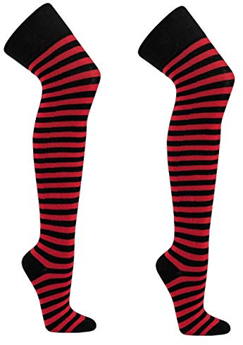 krautwear® Calze da donna a righe sopra il ginocchio, per carnevale, per cosplay, anni '80, rosso/nero-2 x, Taglia unica