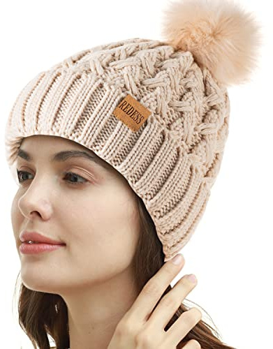 REDESS Femmes Hiver Pompon Bonnet Chapeau Polaire Doublé Chaud Chapeaux, Épais Slouchy Neige Tricot Bonnet Croisé pour Dames