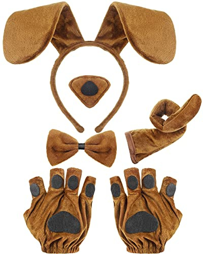 Syhood Puppy Dog Costume Set Ears Headband Bowtie Nose Tail Paw Gloves Accessories for Carnival(Light Coffee,Classic)