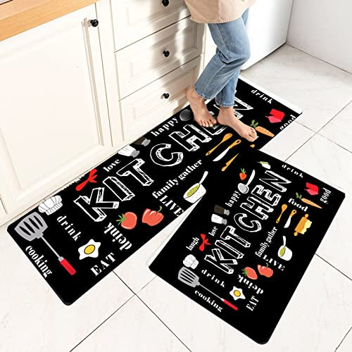 küchenläufer Waschbar rutschfest Küchenmatte, Teppich Läufer Küche Waschbar Badematten Schmutzfangmatte mit Rückseite aus Naturkautschuk,40 x 120 cm und 40 x 60 cm Fußmatte Set. (Schwarz)