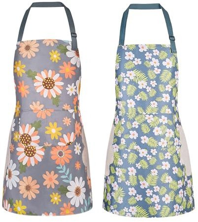 DILLMAN Paquete de 2 delantales florales con bolsillo para mujer, impermeables, ajustables, para cocina, jardinería, salón, Paquete de 2#C, Large