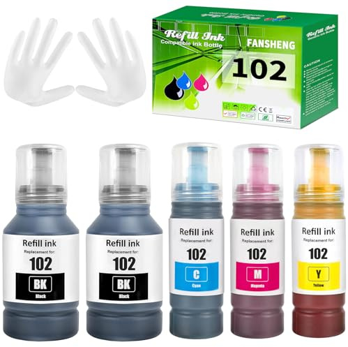 FANSHENG 102 Inchiostro Compatibile con Epson 102 Flaconi di Inchiostro per Ecotank ET-2750 ET-4750 ET-4850 ET-3850 ET-2756 ET-2751 ET-2850 ET-2856 ET-3700 ET-3750 ET-4856 ET-15000 (5 Pack 2BK/C/M/Y)
