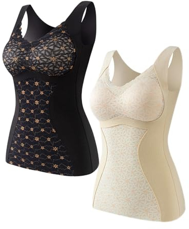 Ouruikia Femme sous-vêtements Thermiques Débardeurs Gilet en Polaire Hauts d'hiver avec Soutien-Gorge Lot de 2, Noir + Blanc, L