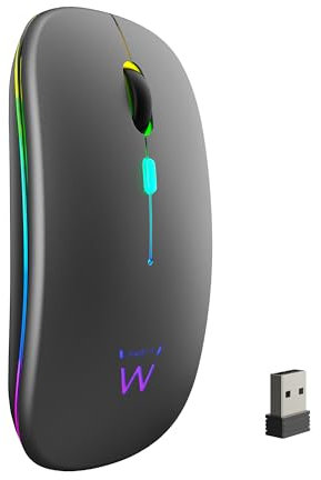 Ewent Ratón Inalámbrico Recargable con Luces RGB | Bluetooth 5.2 & 2.4 GHz | dpi Ajustable (800/1200/1600) | Botones Silenciosos | Compatible con Windows, Mac, iOS, Android