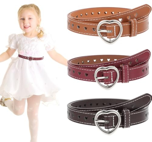 Sorcristy Lot de 3 ceintures en cuir synthétique pour enfant - Ceinture réglable en forme de cœur - Ceinture pour enfants de 6 à 12 ans - Pantalons, jupes, vestes, chameau, rouge, marron, Taille