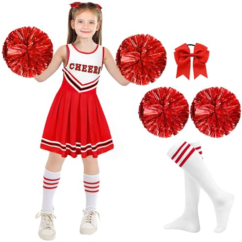 Maazusa Cheerleading Kostüm Mädchen 6 Stück Cheerleading Outfits mit Tutu-Rock Blumenbommel Socken Haarband Retro Style für Halloween Karneval Motivpartys (Rot, 7-8Y)