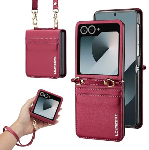 ZHOZEXIN Étui Portefeuille élégant en Cuir PU pour Samsung Galaxy Z Flip 7, avec Support, Fente pour Cartes, dragonne et bandoulière.（Rouge）