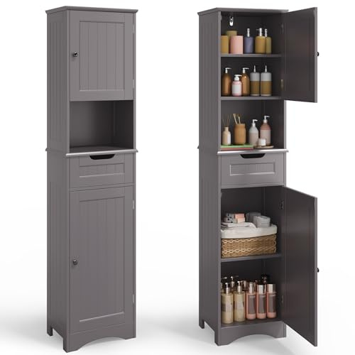 Blishom Armadio da bagno alto,Colonna Bagno Stretta con ripiani regolabili, cassetto, scomparto aperto, ante magnetiche e antiribaltamento, 170 x 40 x 30CM Grigio