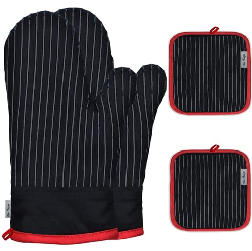 Win Change Oven Mitts and Pot Holders Sets,Oven Mitts and Potholders with Cotton High Heat Resistant Extra Thick Long Oven Mitts for Cooking 4 Pcs,Black Red