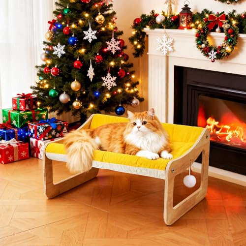 BSWAY Letto per gatti rialzato, in legno, divano per gatti giallo sole, 53 x 40 cm, alla moda, con coprimaterasso rimovibile, portata 15 kg