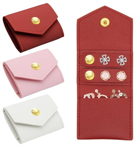 HINGTAI 3Pcs Mini Travel Jewelry Bag, Small Case Pouch Foldable Portable, Premium Leather Travel Jewelry Organizer Roll with Snaps, for Earrings Rings Necklaces