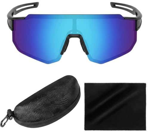NHCDFA 3 PCS Running Sunglasses,Blue Mirror Lens with Black Frame, Includes Lens Cloth & Glasses Case for Outdoor Sports and Training