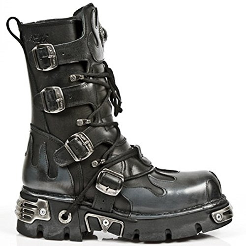 New Rock Shoes - Classic New Rock Combat Boots with Silver Flame Design UK 7 / Black