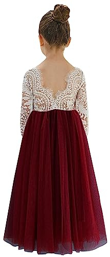 2Bunnies Girl Peony Lace Back A-Line Straight Tutu Tulle Party Flower Girl Dress (Burgundy Long Sleeve Maxi, 5)