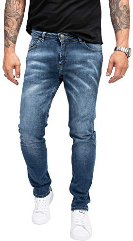Indumentum Jeans Herren Slim Fit Hose Stretch Männer Jeans Hosen Herrenjeans Denim Herrenhose Mens Pant Stretchjeans Laser-Effekt Blau IS-300 W33 L32
