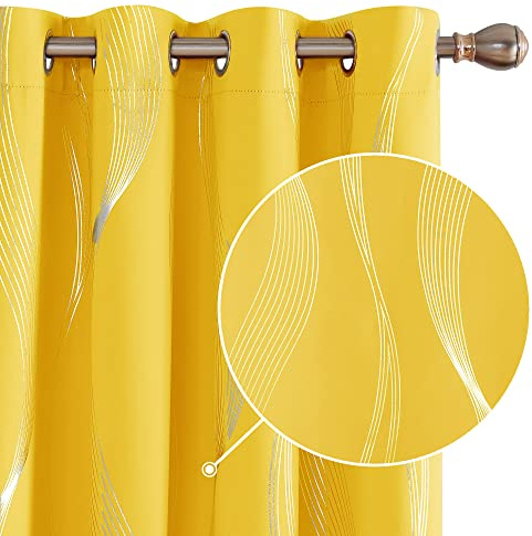 Deconovo Home Decoration Silver Wave Line Foil Printed Blackout Curtains Energy Saving Thermal Insulated Eyelet Room Darkening Curtains for Nursery 66x72 Inch Mellow Yellow 2 Panels