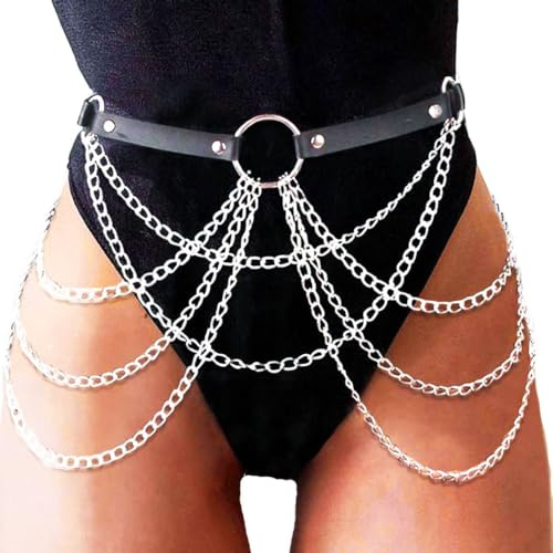REETAN Waist Chain Belt Fashion Leather Black Punk Rave accessories for Women