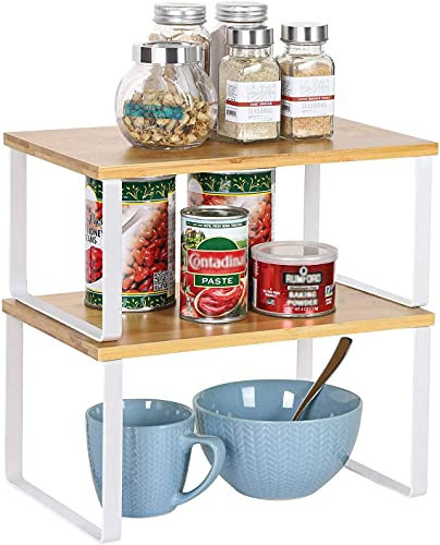 LIANTRAL Organizador armario cocina, Especias estante, estante apilable y extensible, Metal y madera,juego de 2, Estante de almacenamiento para ahorrar espacio en la cocina y el baño,natural y blanco