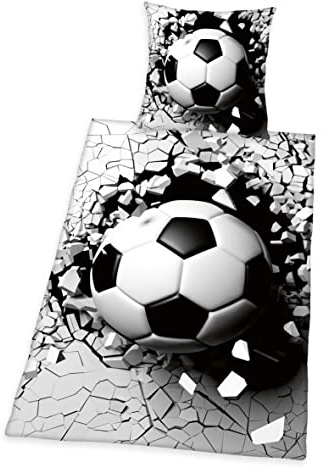 Herding 3D Effekt Bettwäsche-Set, Fußball, Kopfkissenbezug 70 x 90 cm, Bettbezug 140 x 200 cm, Mit leichtläufigem Reißverschluss, 100% Baumwolle/Renforcé, Grau/Weiß