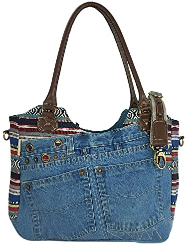Sunsa unsa Damen Handtasche. Nachhaltige Shopper aus recycelte Jeans Baumwolle & Leder. Große Umhängetasche mit viele Fächern. Schultertasche als Geschenk für Frauen/Mädchen
