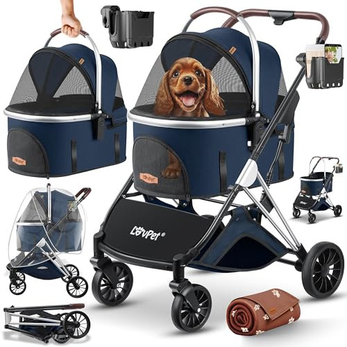 LOVPET® Hundewagen 3in1 Hundebuggy bis 20kg Hundebox Transporttasche faltbar klappbar Große Räder Netzfenstern Regenschutzabdeckung Getränkehalter Kuscheldecke Katzenbuggy Jogger Buggy für Haustiere
