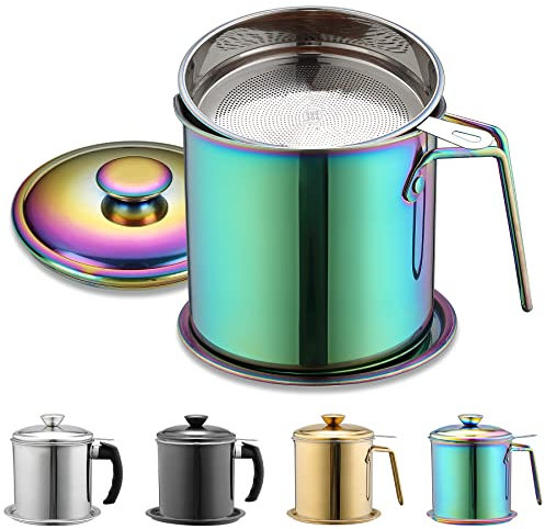Berglander Regenbogen Speckfettbehälter mit Filter 1.4L, titanfarbener Edelstahl-Ölvorratsbehälter mit feinmaschigem Filter staubdicht zur Aufbewahrung von Frittieröl und Speisefett