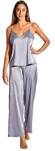 Laura in - Conjunto de Ropa para Mujer 2 Piezas Pijamas de Seda satén de Color Liso sólido Top con Tirantes y Pantalones Largos.1603GrisS