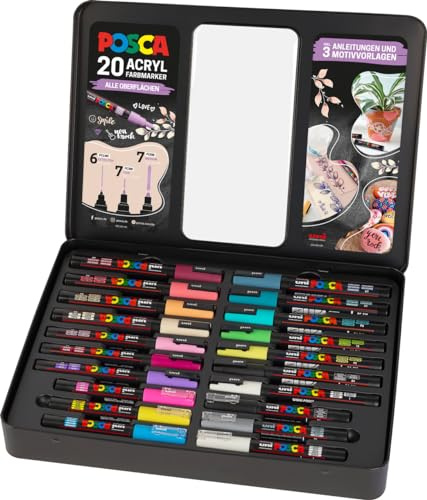 Faber-Castell uni-ball 186829 - Set di pennarelli POSCA, confezione da 20, incluse istruzioni per 3 progetti fai da te